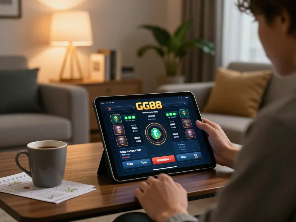 Engaging with GG88 Guru platform on tablet, showcasing responsible gambling in a cozy home setting