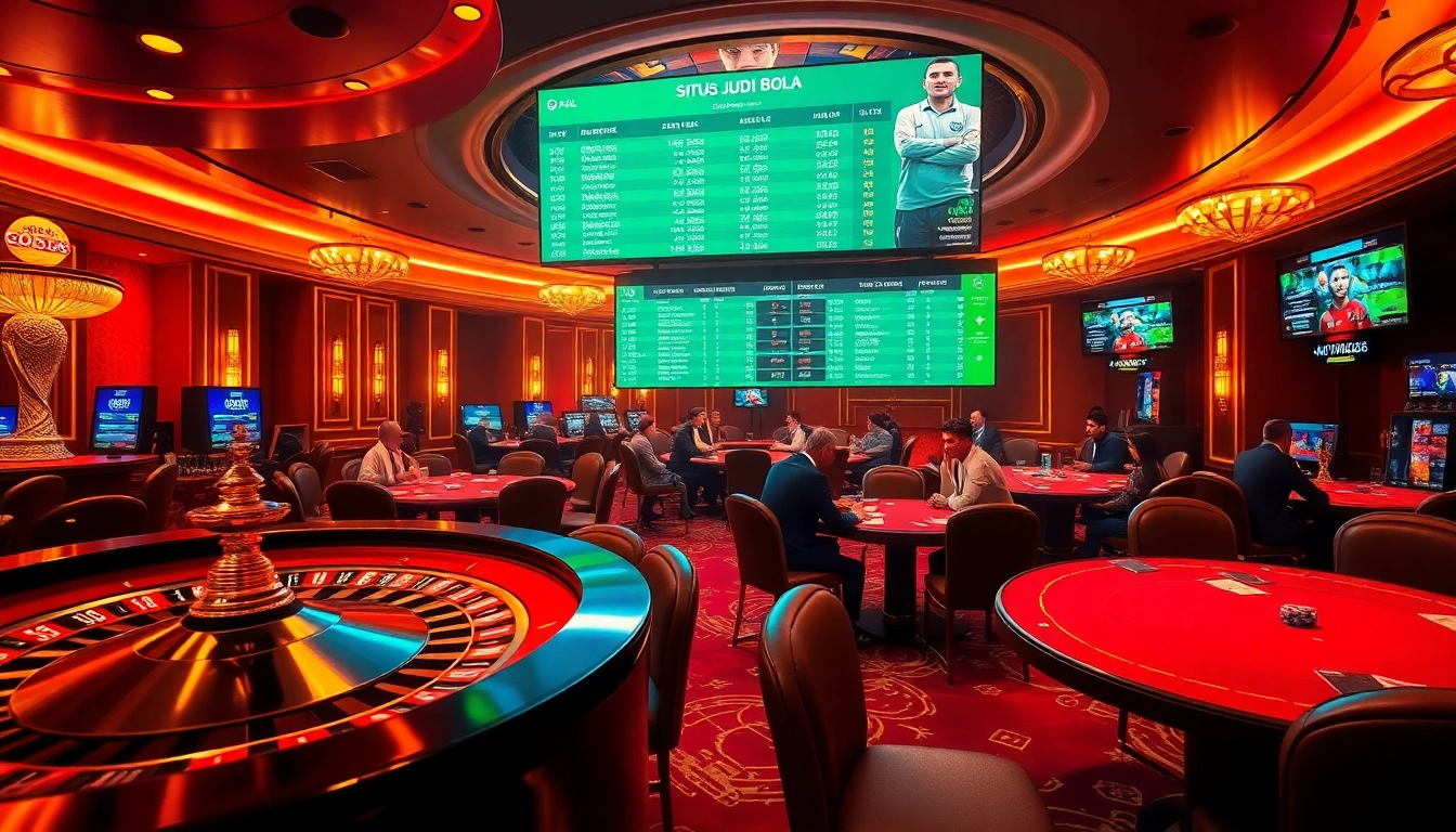 Exciting sports betting scene at Situs Judi Bola with vibrant casino ambiance and live odds displayed.