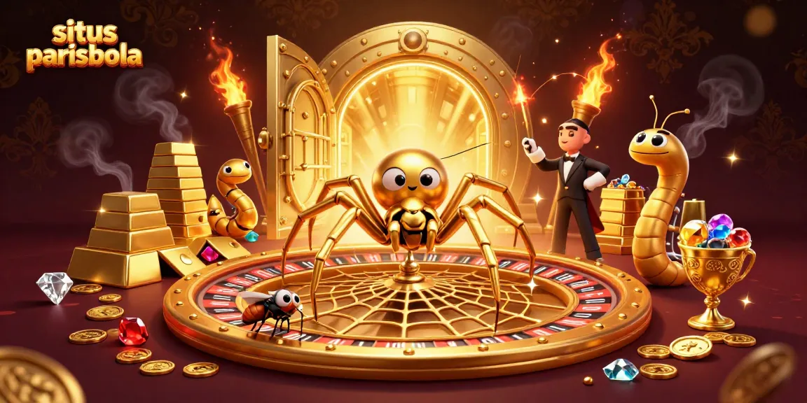 Experience thrilling bets at situs parisbola with a captivating 3D illustration of a roulette wheel and vibrant casino elements.
