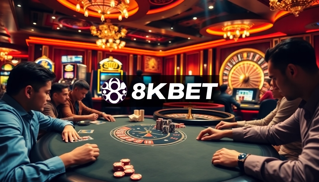 Poker players engage at a luxurious table in a vibrant casino, capturing the excitement of 8KBET gaming.