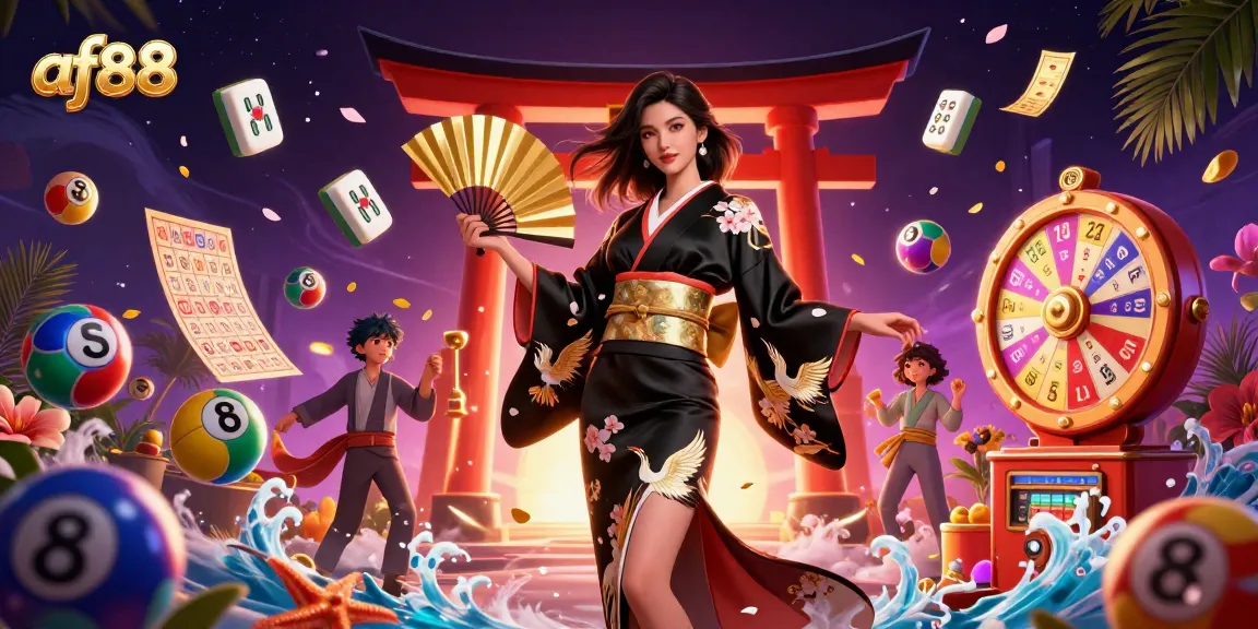 Engage in the thrill of gaming at af88 with a dynamic scene of vibrant casino elements and a stunning Asian woman.