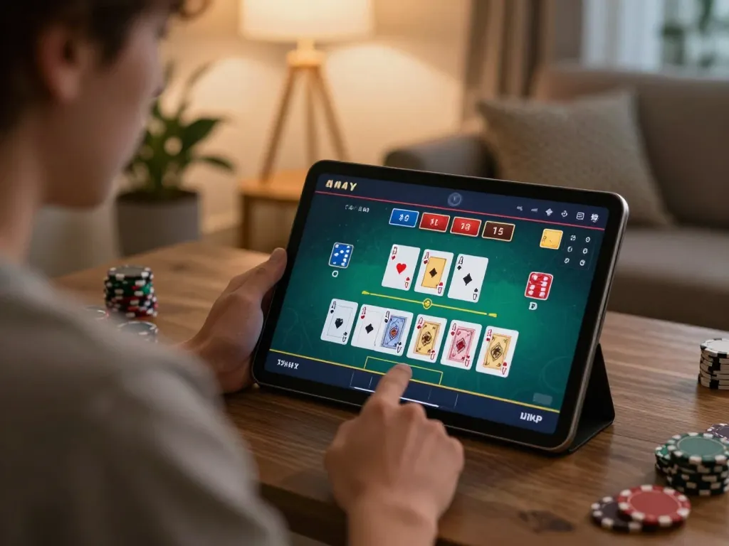 NK88 player strategizing during a live dealer blackjack session at home using a tablet.