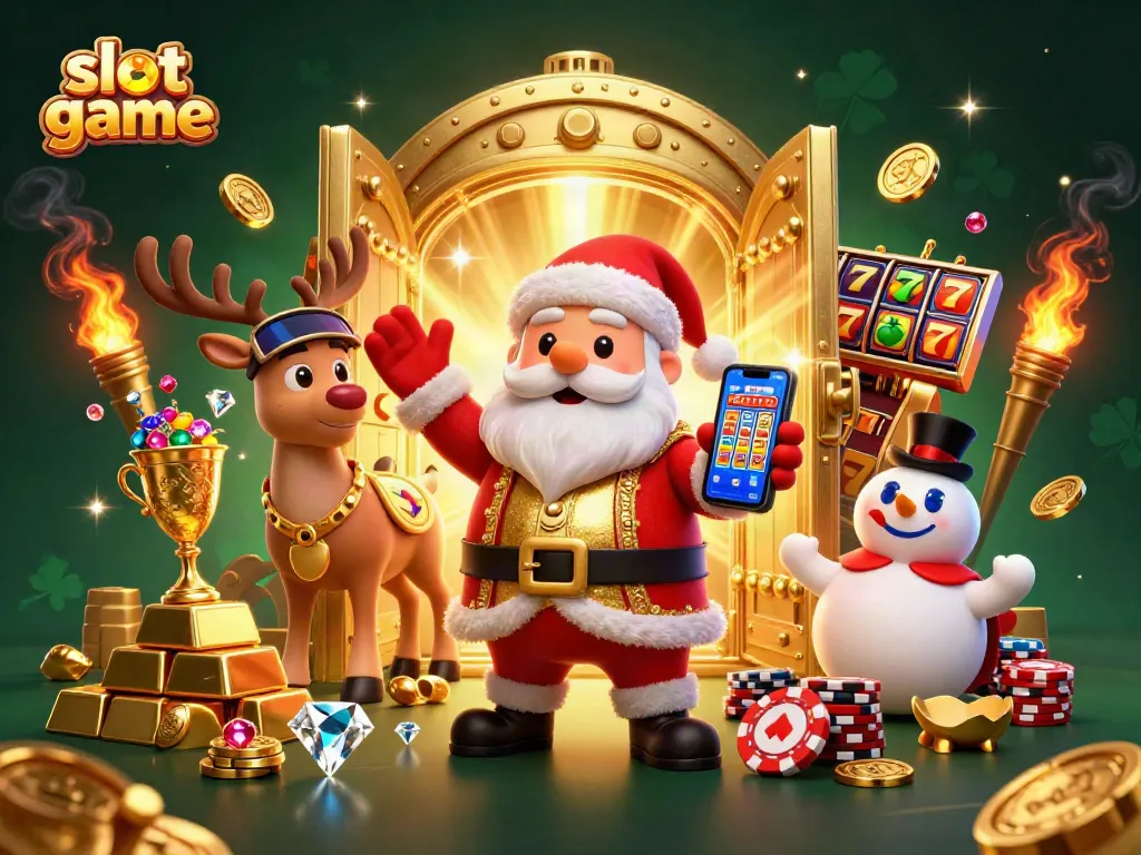 Slot game menarik dengan Santa dan rusa kutub beraksi di kasino, dikelilingi emas dan permata.