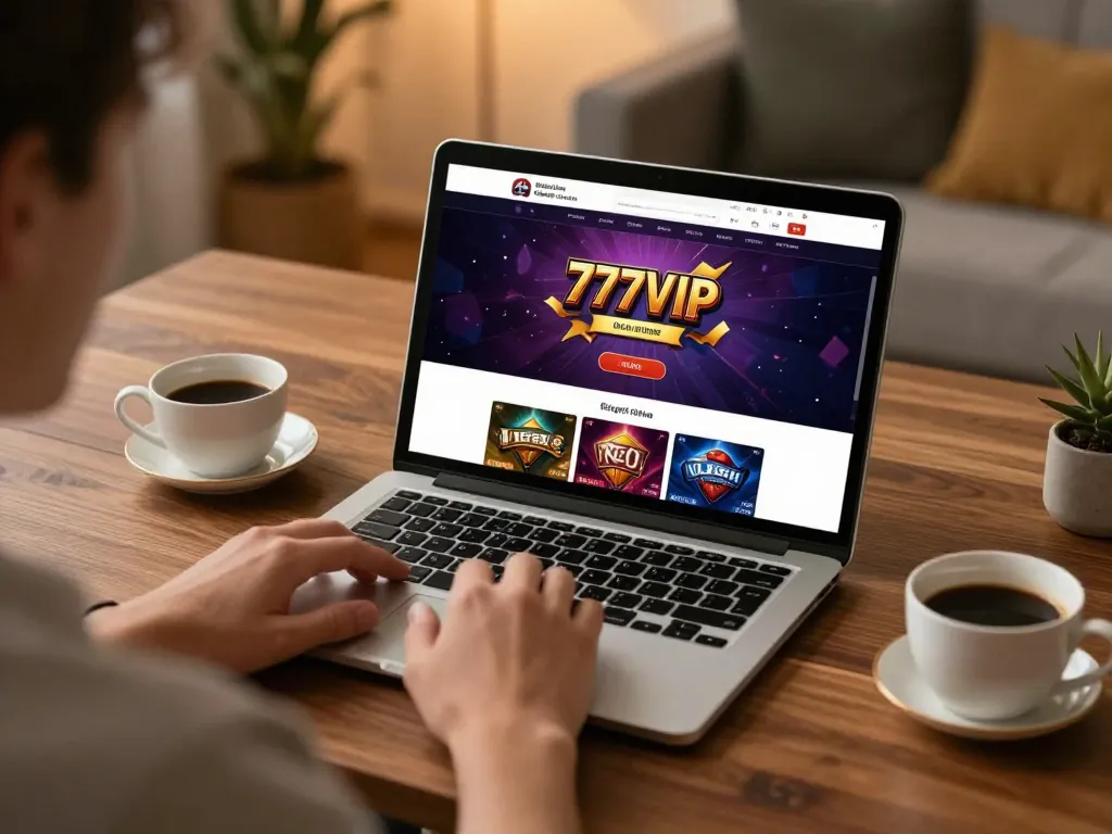 Engaging with 777VIP online casino interface on a sleek laptop in a cozy home setting.