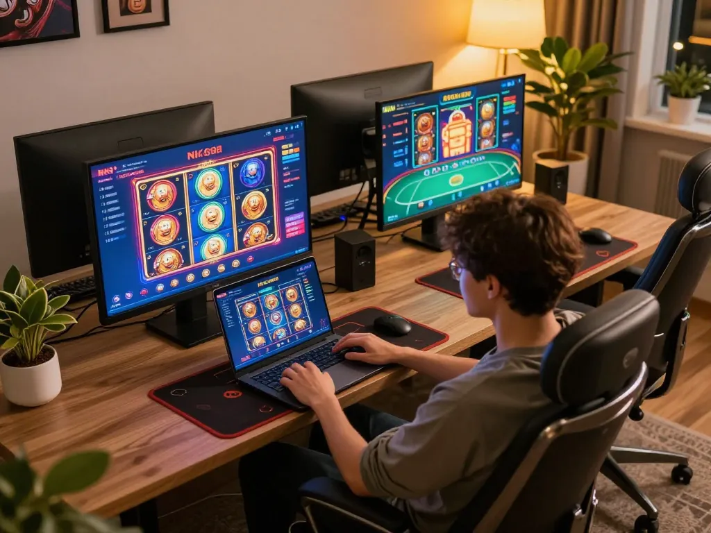 Navigating NK88's online casino platform with engaging slot games and poker tables.