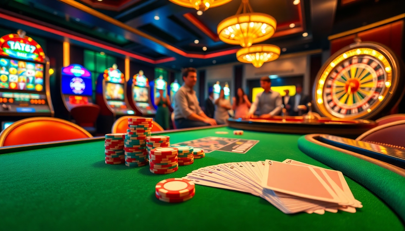 Players eagerly enjoying BDTK1 at a luxurious casino poker table with vibrant poker chips.