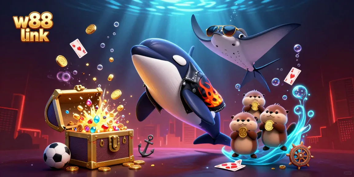 W88 link showcases an exciting underwater scene with animated characters engaging in thrilling sports betting.