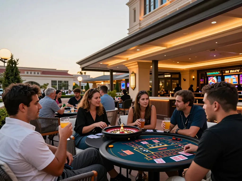 Enjoying a sophisticated evening ambiance at tg88 casino terrace with friends discussing betting.