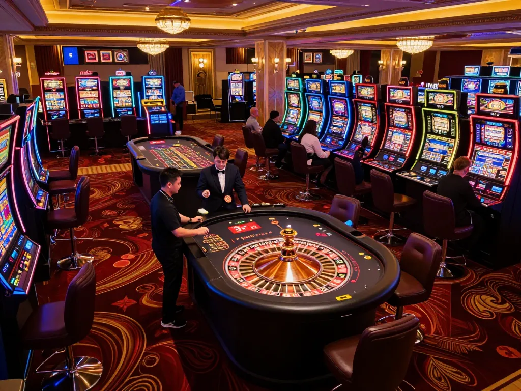 Players strategizing around du88 slot machines in an exciting Las Vegas casino atmosphere