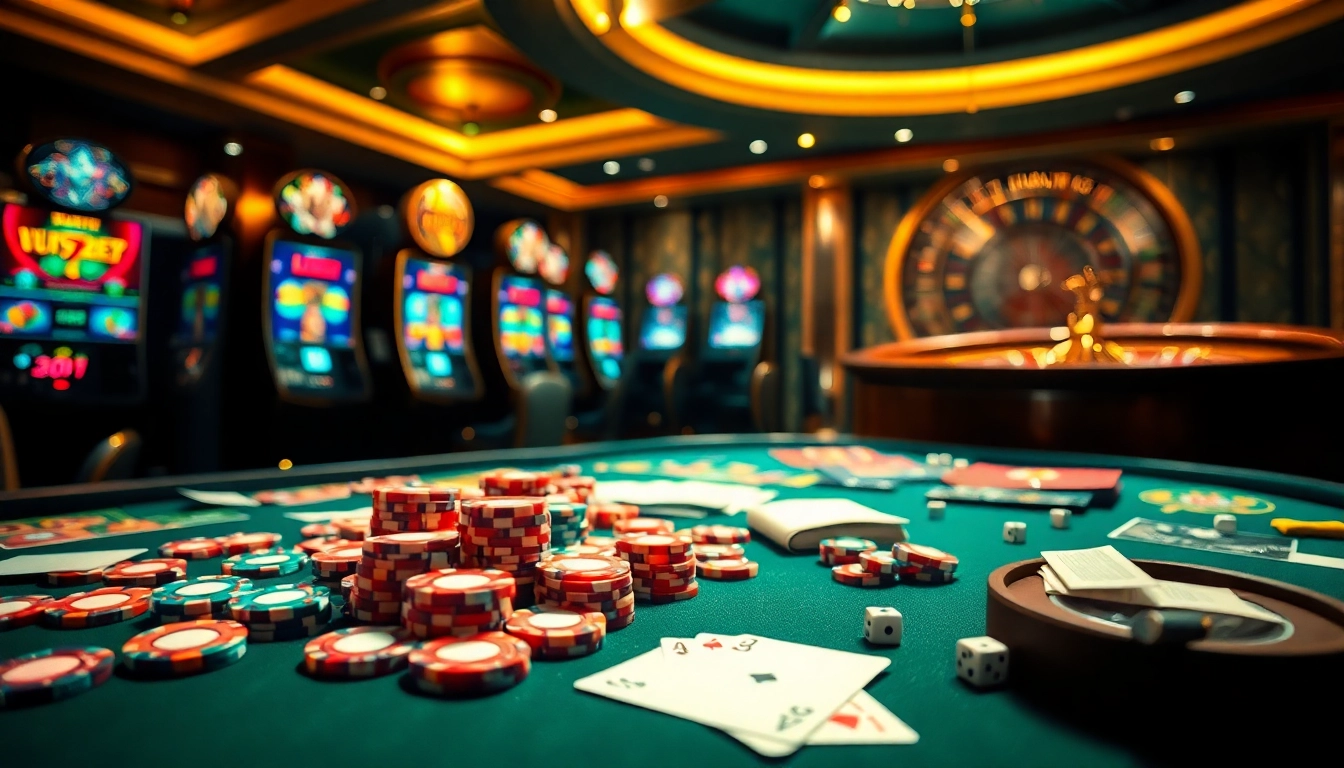 Engaging players at Hay 88 casino table with vibrant poker chips and dazzling slot machines.