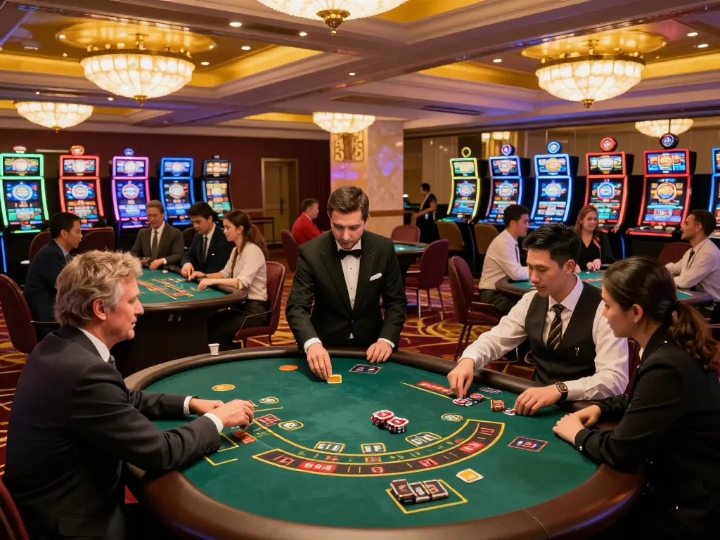 Engaged players winning at UU88 casino games, vibrant atmosphere with dealers and slot machines