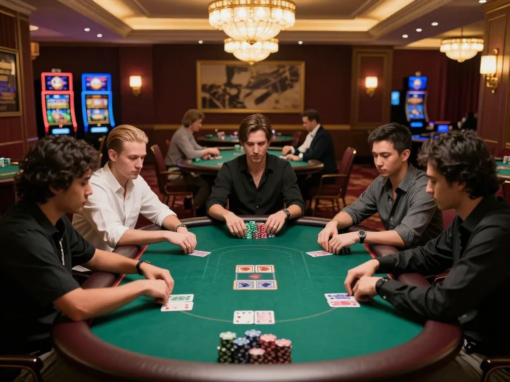 Experience high-stakes poker action with da88 at a luxury casino, players focused on their cards
