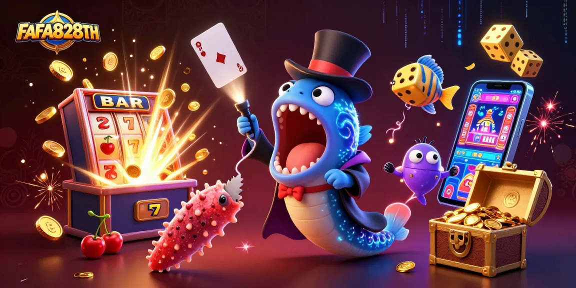 Experience the magic of FAFA828TH with 3D casino characters performing spectacular tricks in a vibrant scene.
