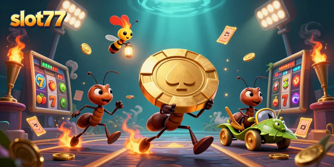 Engage with slot777 as ants embark on a heist with golden poker chips in a vibrant casino scene.