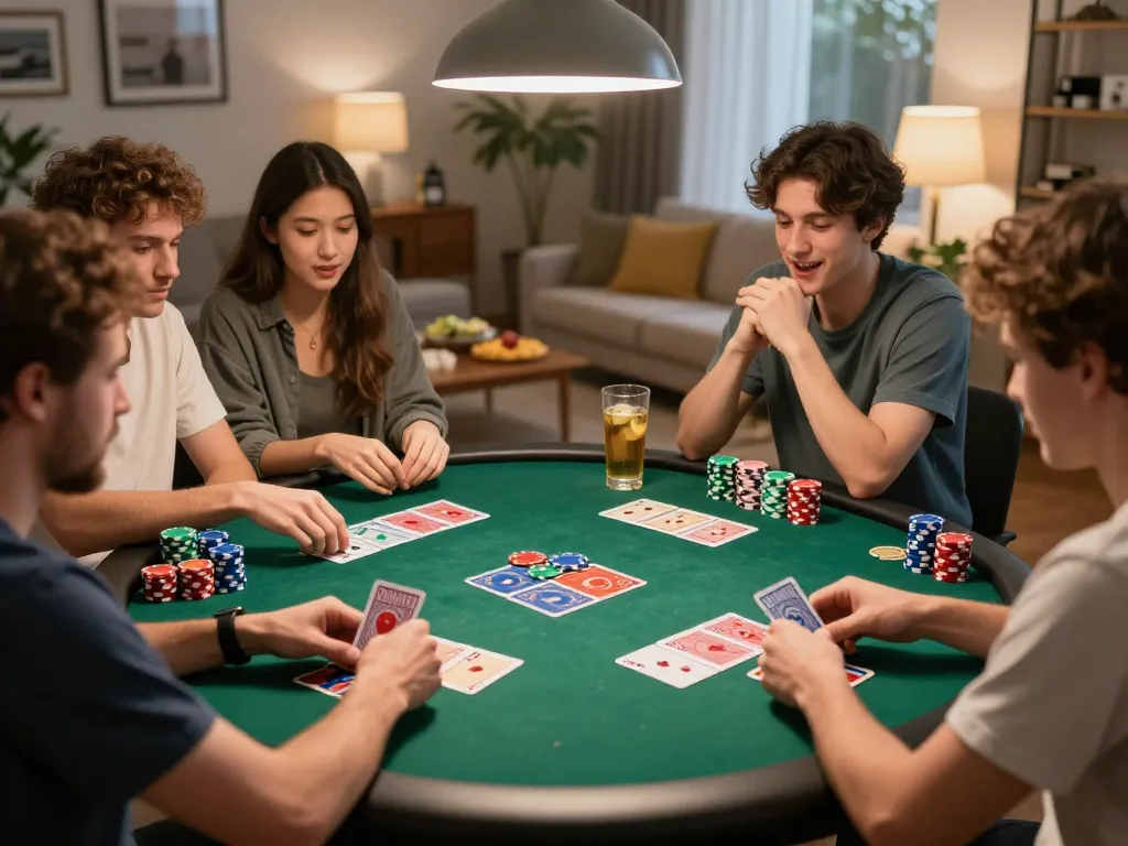 Players strategizing at a GEMWIN poker night, enjoying friendly competition and social atmosphere