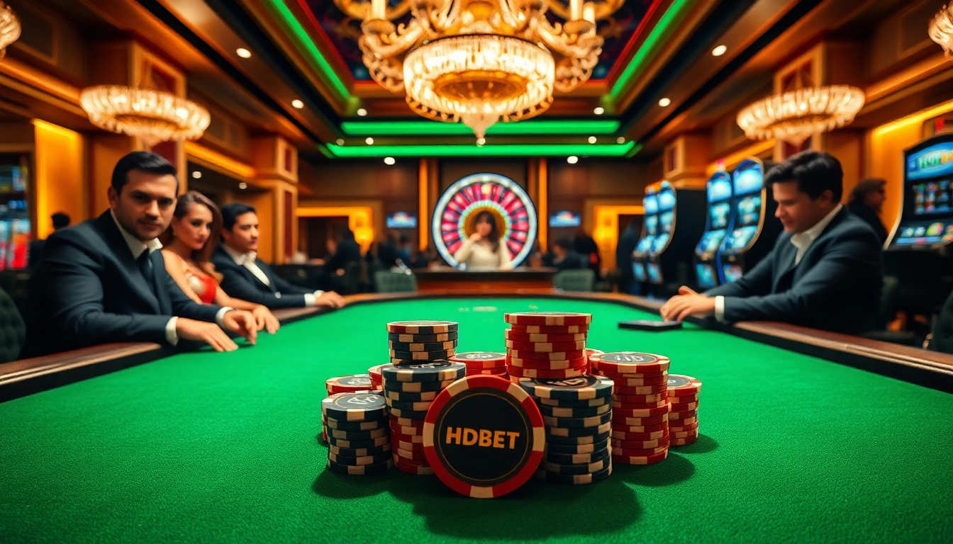 Experience thrilling gameplay at the HDBET poker table with vibrant chips and players focused on winning.