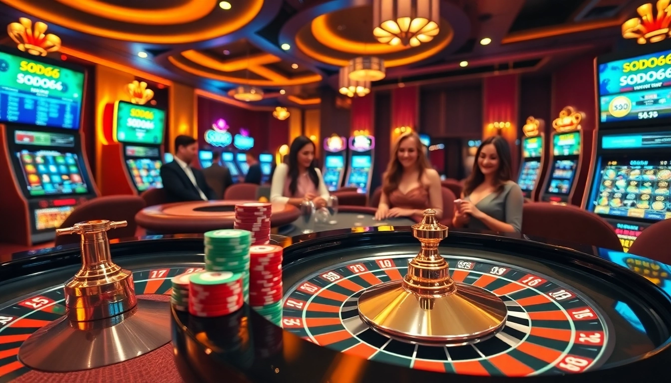 Engaged players enjoying the SODO66 online gambling experience with roulette and slot machines.