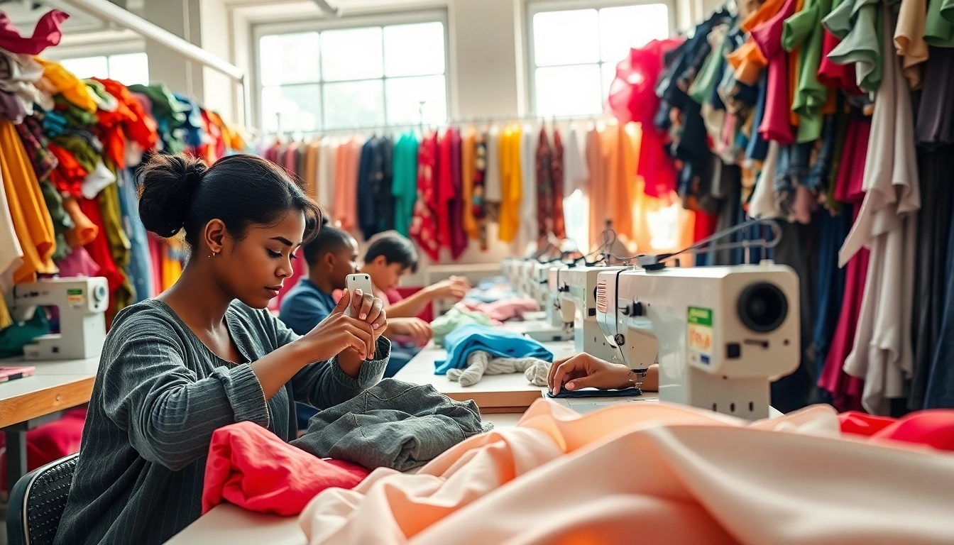OEM clothing manufacturers crafting high-quality garments in a vibrant design studio, showcasing their skills.