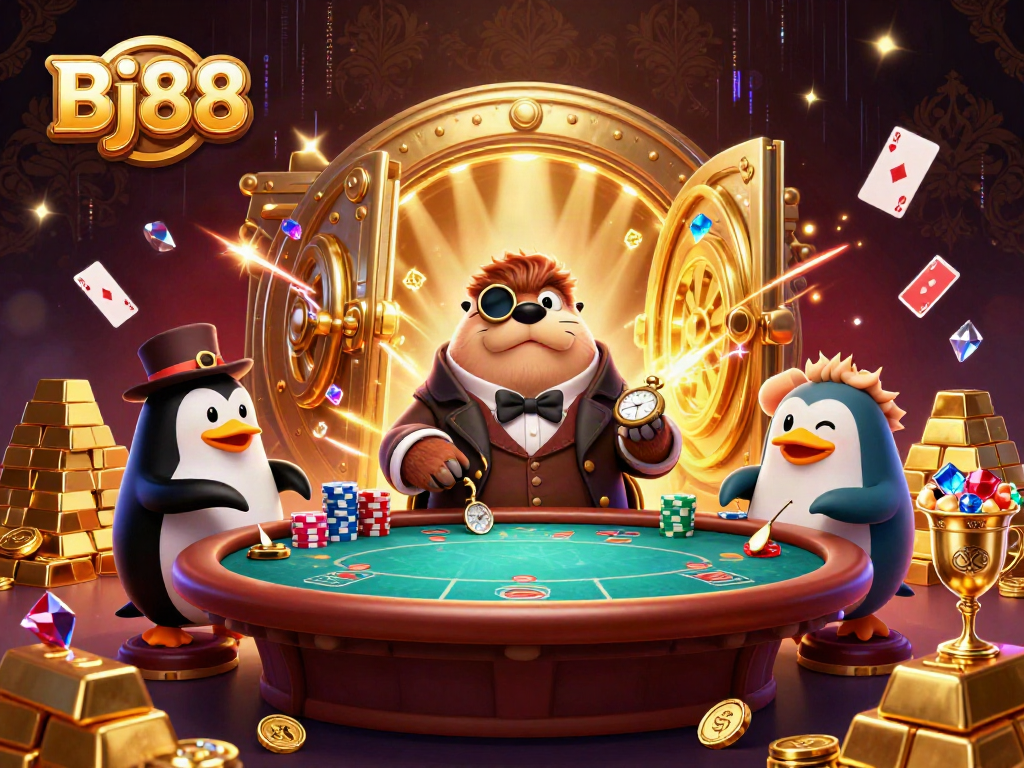 Experience the lively Bj88 poker scene with a walrus, penguin dealer, and bluffing pufferfish.