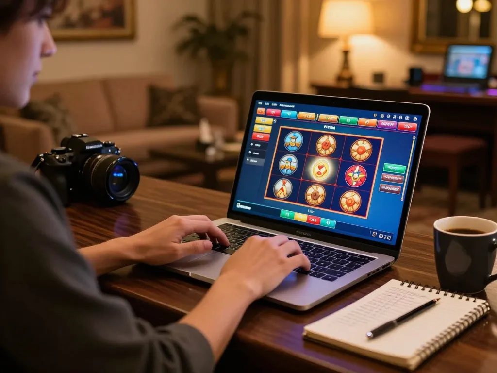 Kuwin player engaging with an online slot game on the laptop while enjoying a cozy home environment