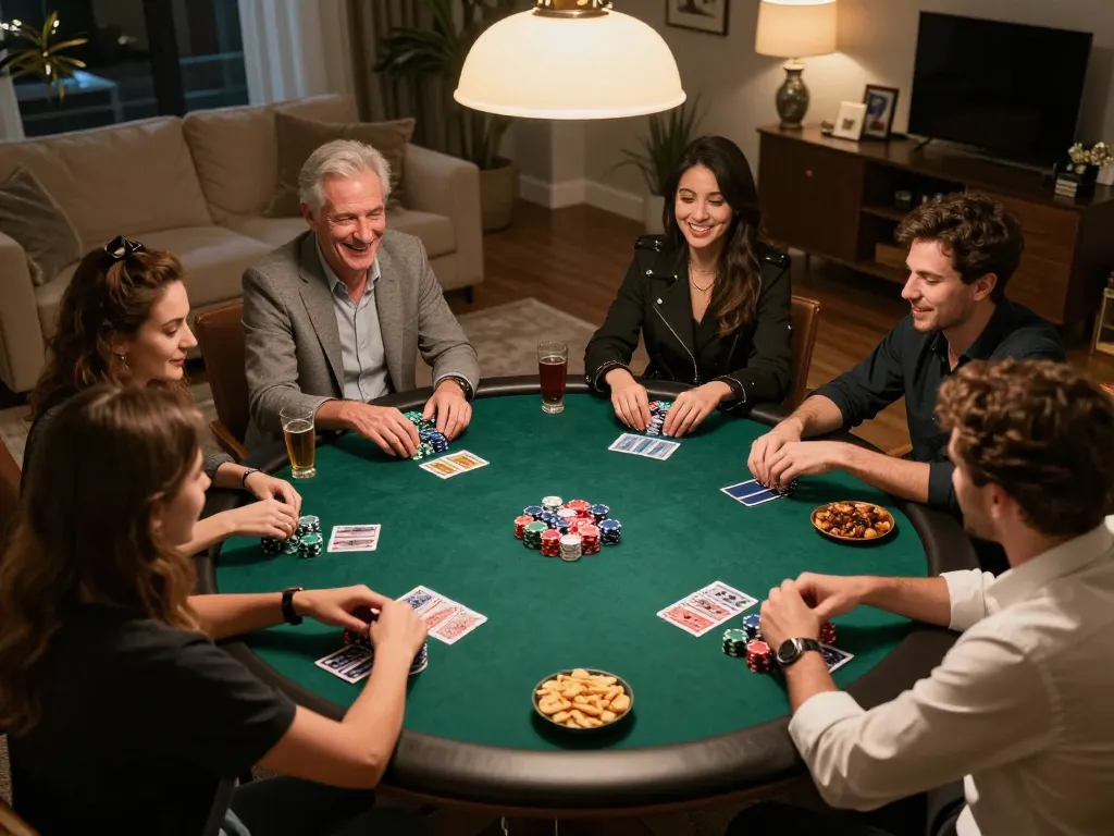 Friends enjoying a poker night with RR88 at their home table, showcasing chips and excitement