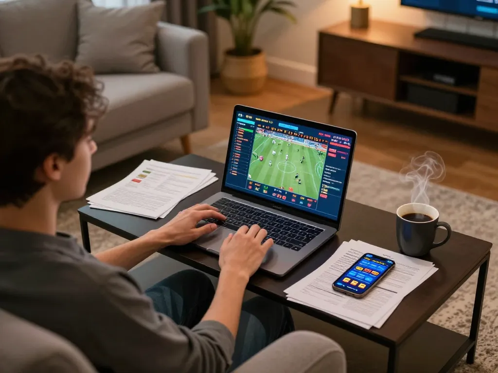 SIN88 user engaged in online sports betting from home, laptop displaying live betting interface with strategic papers around.