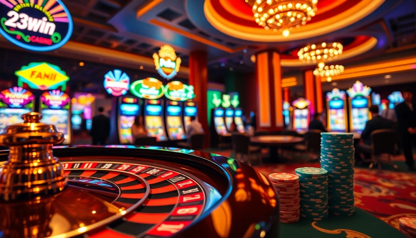 Experience the thrill of 23win casino gaming with vibrant slot machines and engaged players.