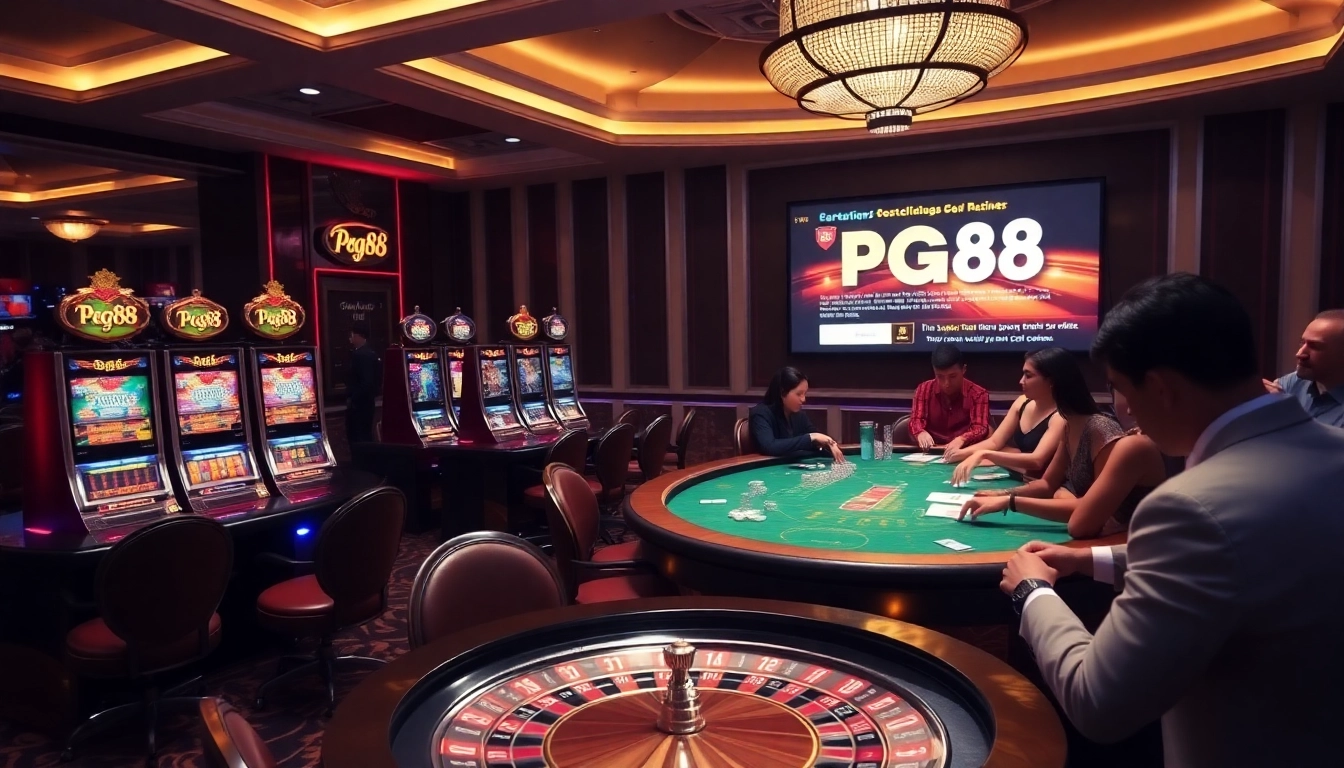 Players enjoying the immersive gaming experience at PG88 online casino with vibrant slot machines and poker tables.