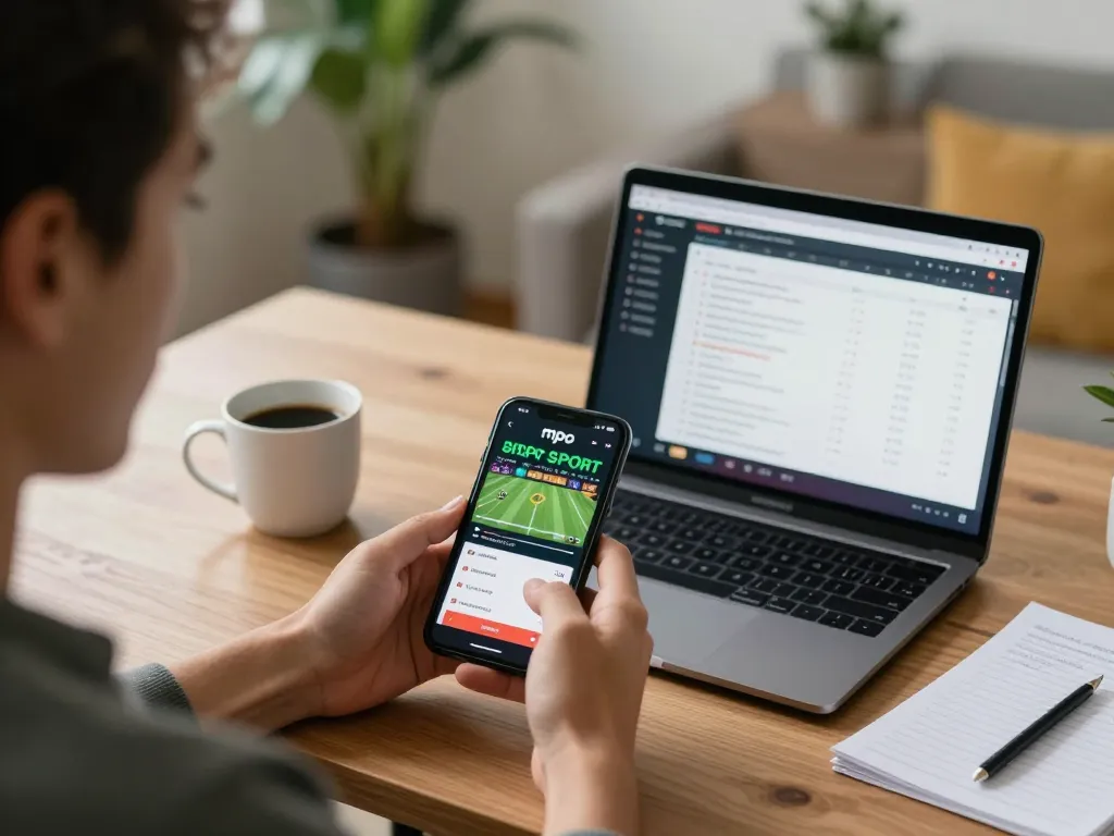 Engaged user placing a bet using mpo sport app on smartphone in a stylish home office environment.