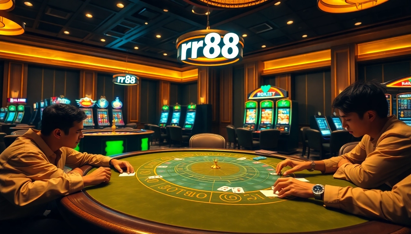 Players enjoying a thrilling game at rr88's luxurious casino poker table.