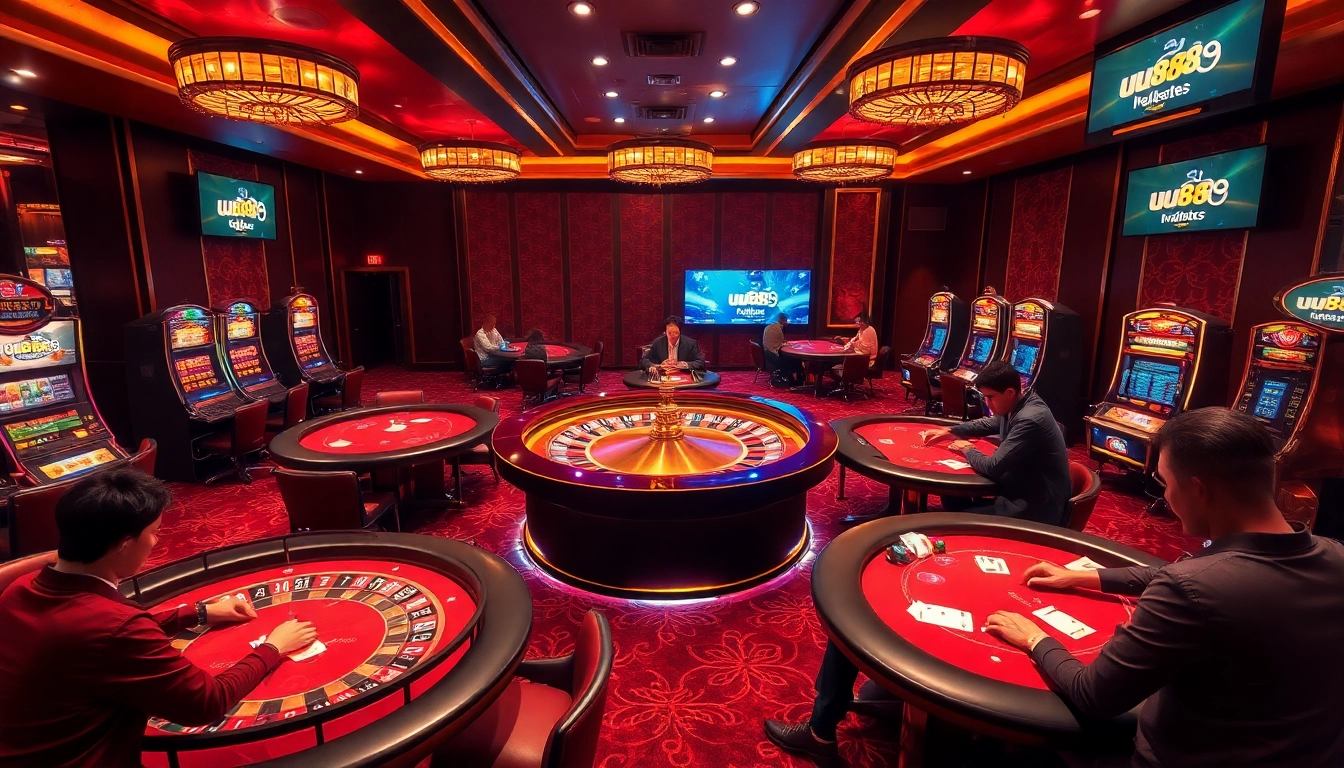 uu88 gaming scene featuring poker tables and a roulette wheel, showcasing excitement and luxury.