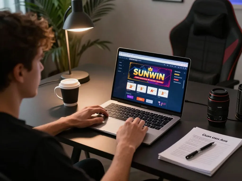 Player engaging with Sunwin online casino on a laptop, showcasing a strategic gaming environment.