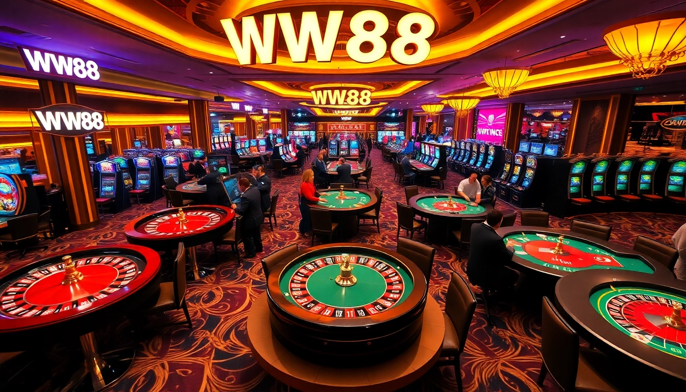 WW88 casino scene featuring players engaged at poker tables and slot machines.