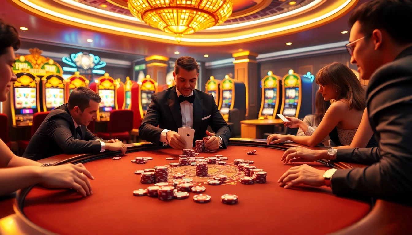 Vaoluoitv players enjoying an exciting poker game in a luxurious casino setting with vibrant chips.