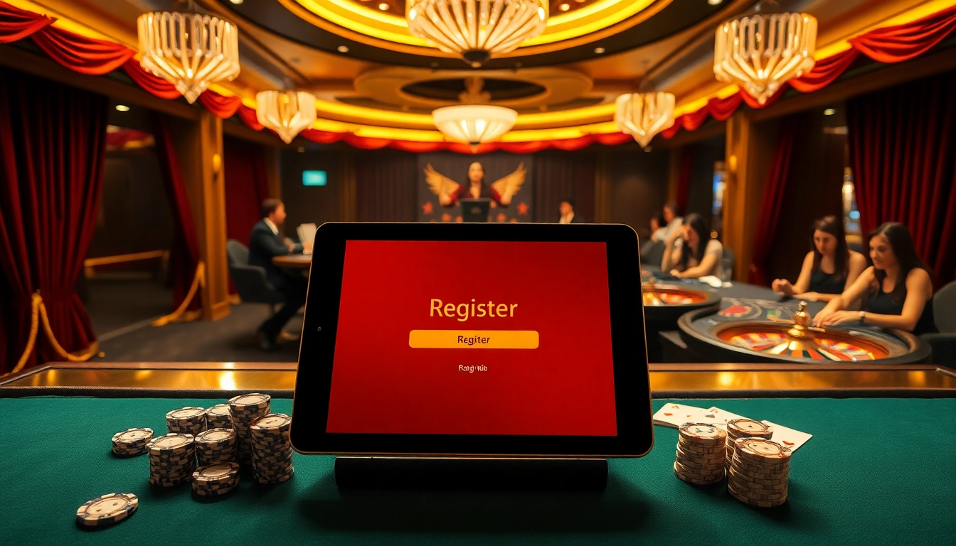 Engaging in đăng ký 88i at a luxurious casino registration desk amidst poker and roulette tables.