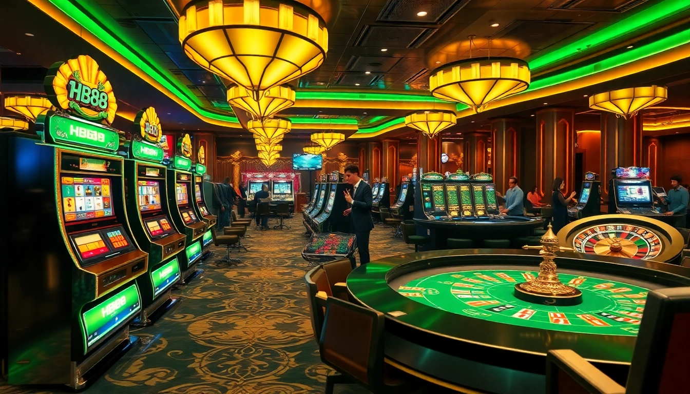 Players enjoying the excitement of HB88 casino games amid vibrant slot machines and roulette wheels.