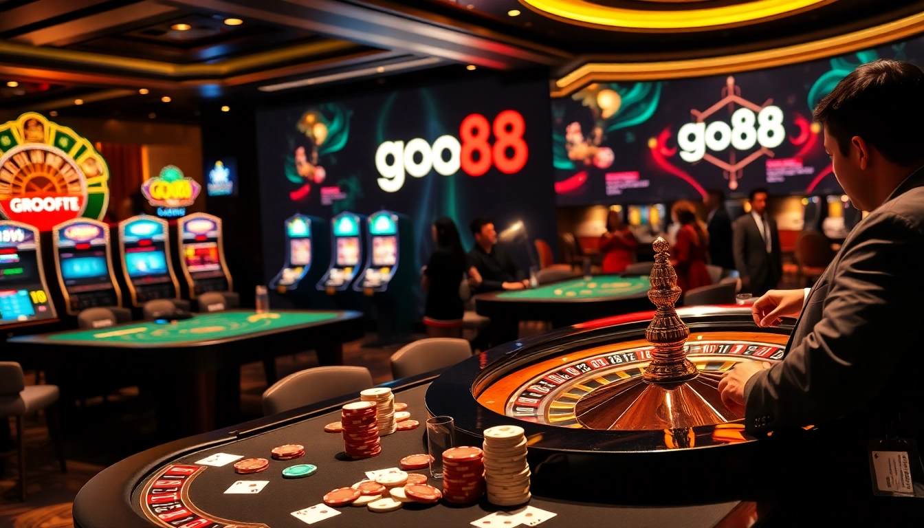 Gamblers enjoying the thrilling experience at go88's luxurious casino atmosphere.