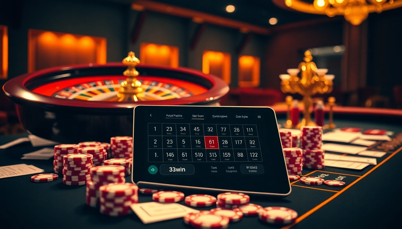 Experience high-stakes thrills with 33win as vibrant poker chips cascade across a casino table.