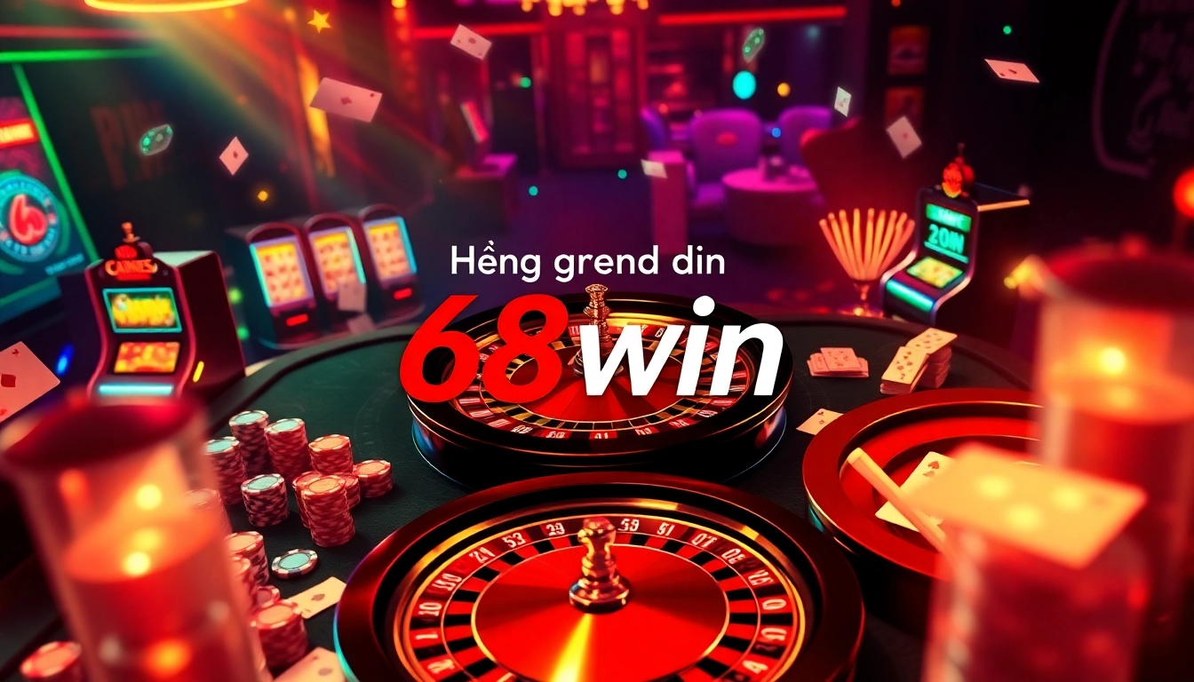 Engaging visual representing hướng dẫn 68win on a luxurious online casino platform with poker tables and slot machines.
