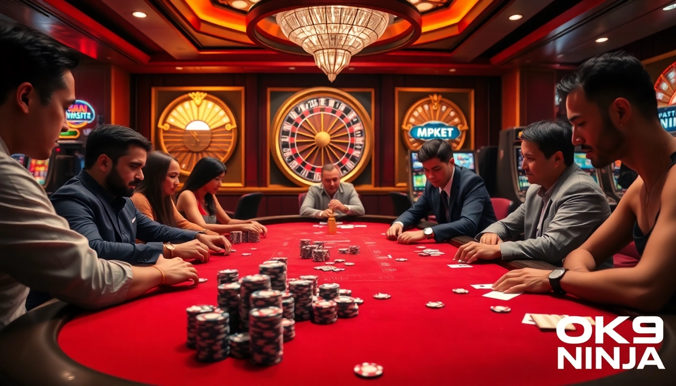 Intense poker gameplay at OK9 NINJA casino, showcasing strategic betting and vibrant gaming atmosphere.