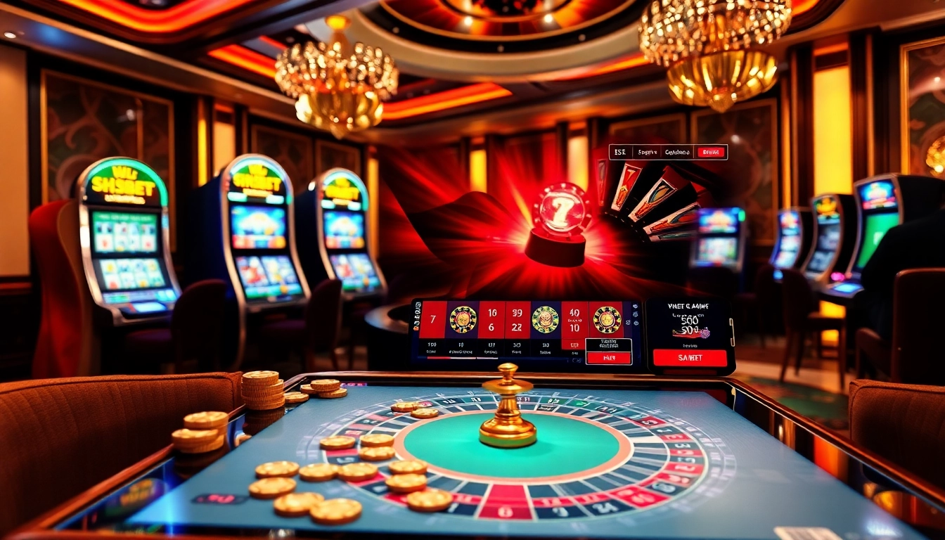 Experience high-stakes excitement with SHBET's vibrant casino scene featuring slot machines and poker tables.