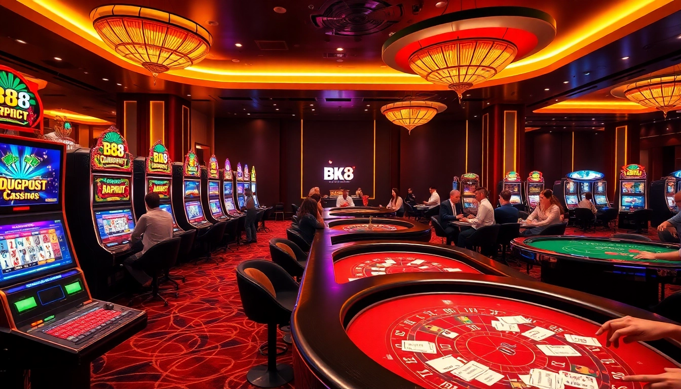 Exciting scene of players enjoying games at the BK8 casino with vibrant slot machines and tables.