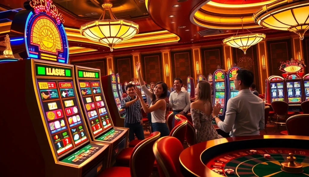 Experience the thrill of slot gacor at a luxurious casino with vibrant lights and excited players.