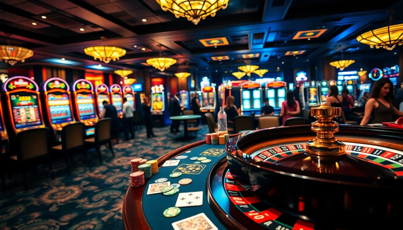 Players enjoying a thrilling casino experience at Jun88, with vibrant table games and slot machines.