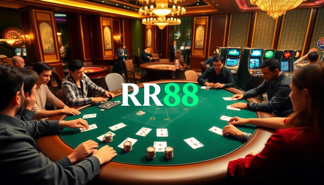 Players enjoying an intense poker game at RR88 casino with colorful chips and cards.