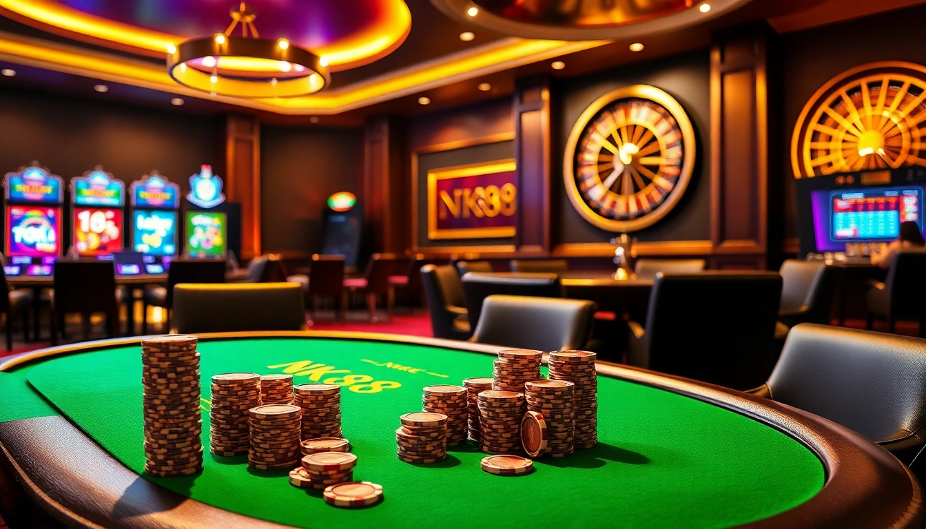 Experience the thrill of gaming at NK88 with a luxurious casino atmosphere featuring poker tables and roulette.