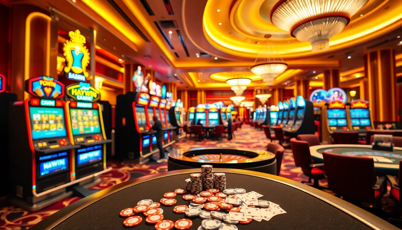 Engaging casino scene featuring HAYWIN branding on tables and vibrant gaming action.