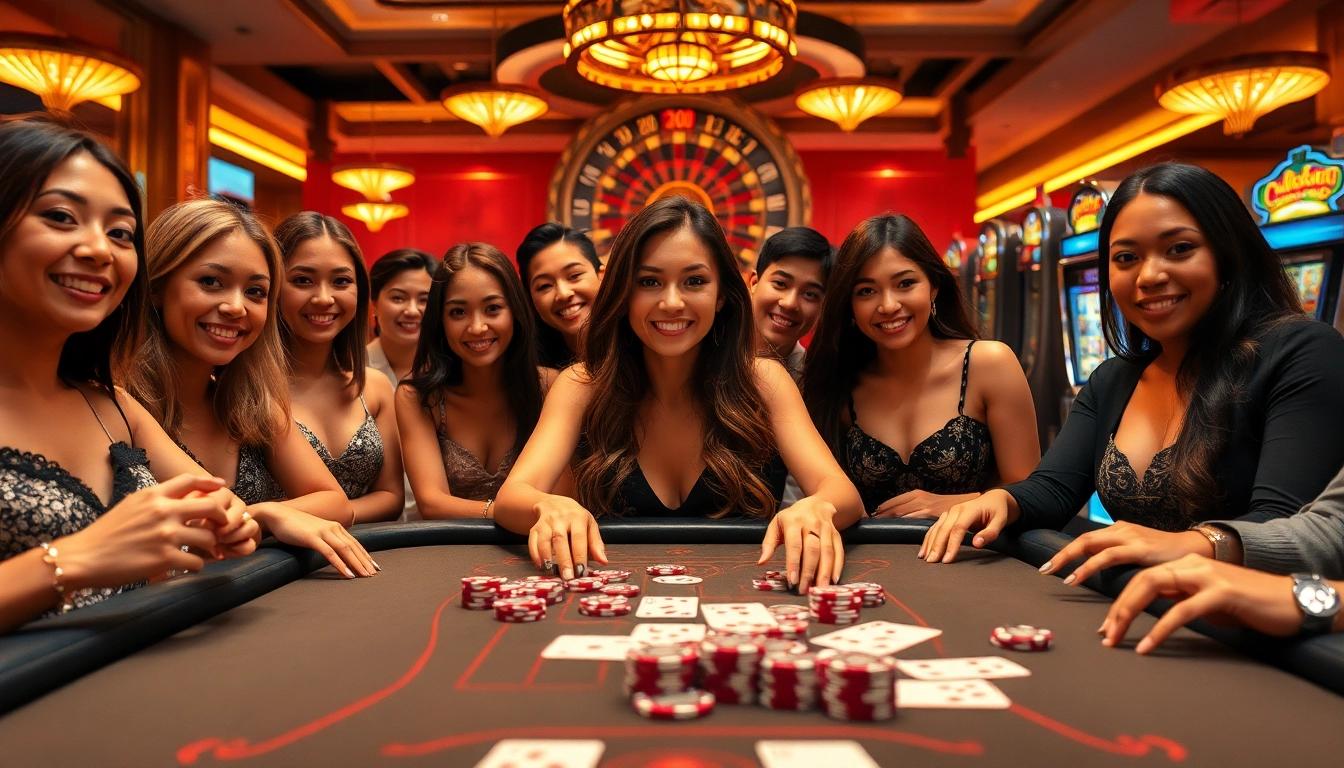 Experience the thrill of winning with juragan77 as players engage excitedly around a luxurious casino table.