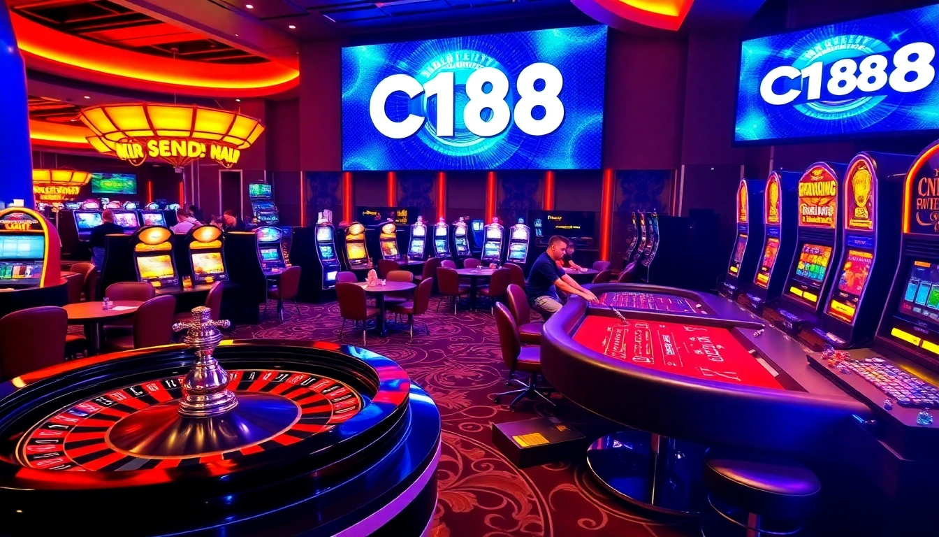 Engaging casino scene with C168 logo, featuring roulette, poker tables, and colorful chips.