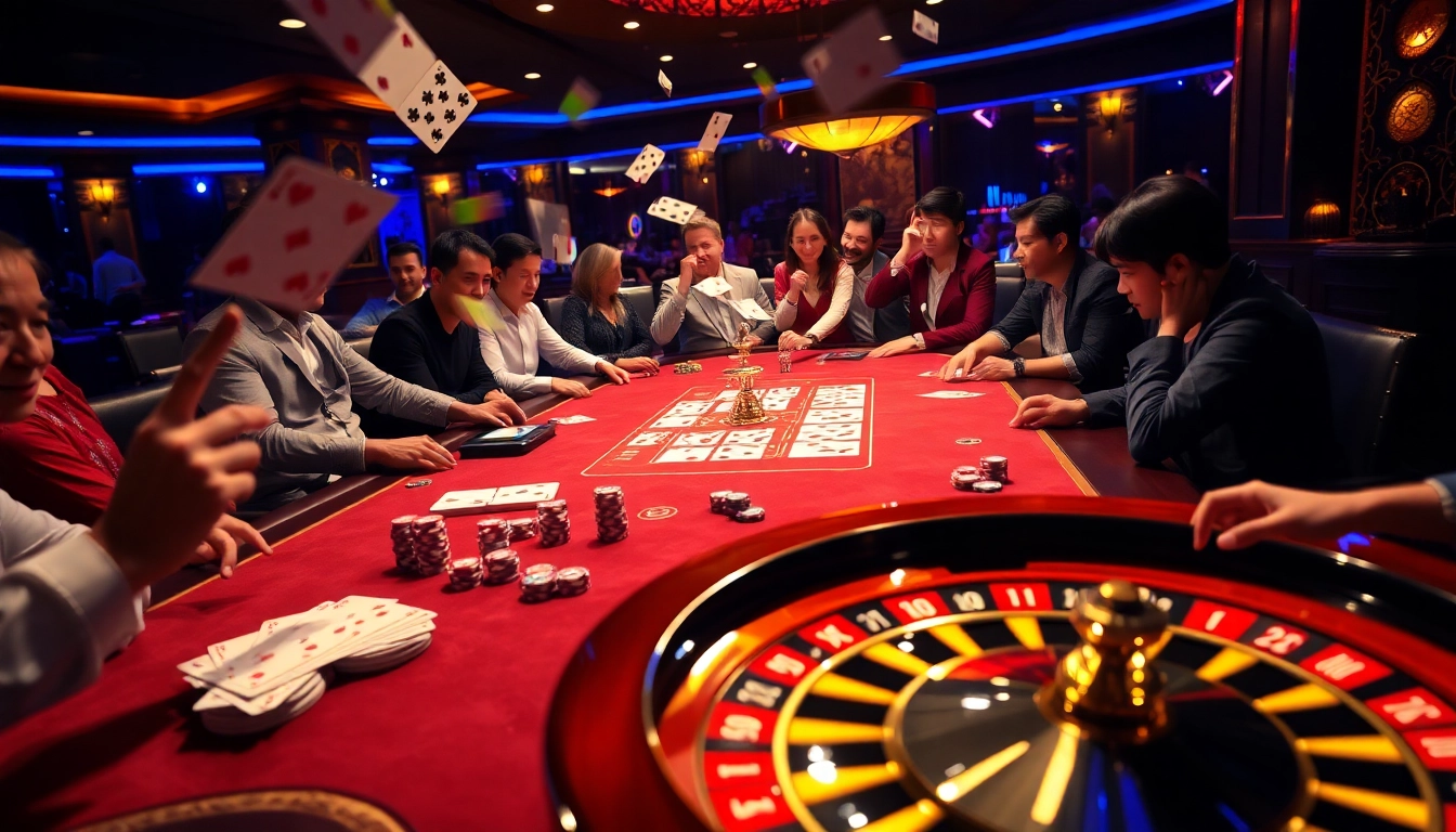 Players enjoying the thrills of poker at 789club, surrounded by vibrant gambling elements.